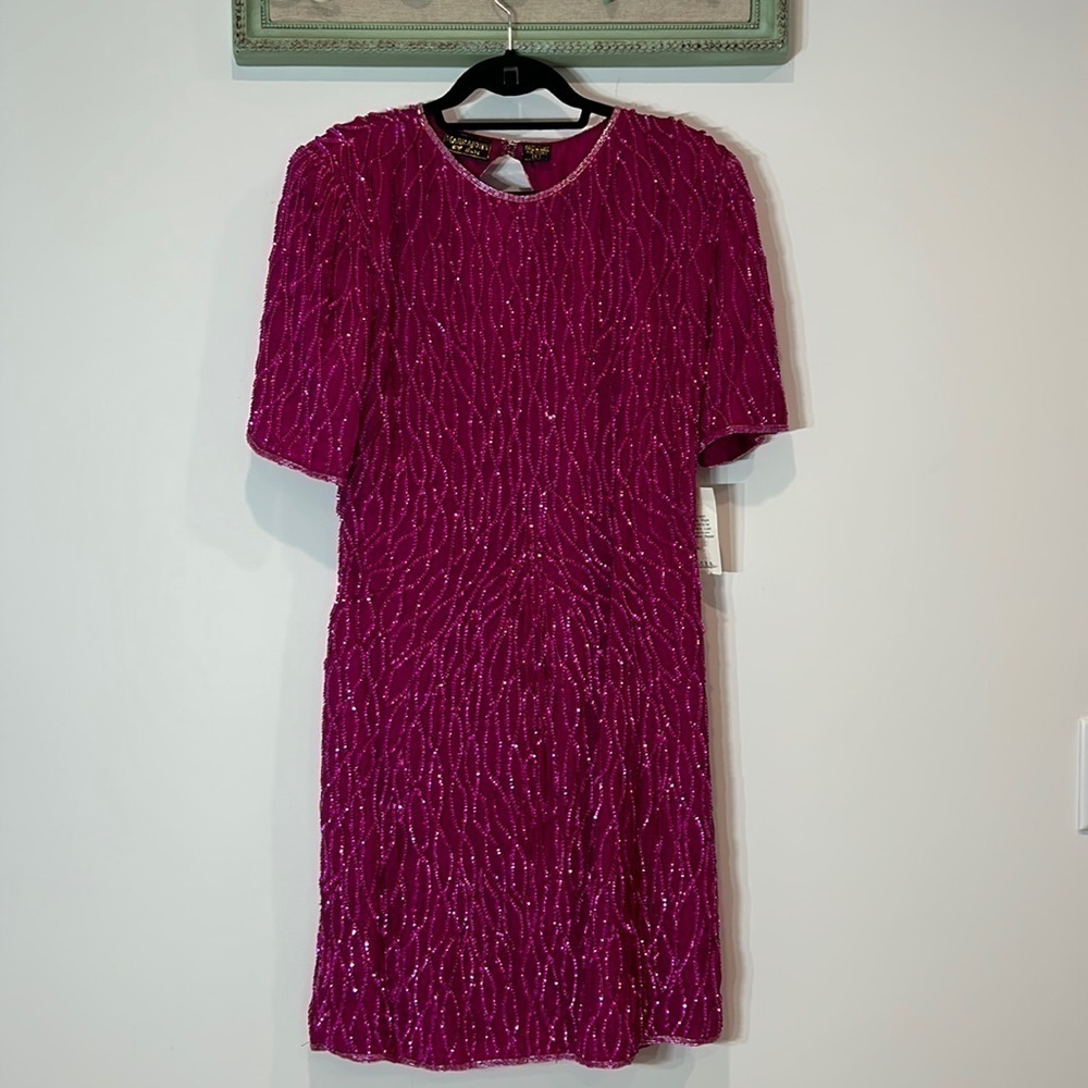 Vintage Mark and John by Sam Silk beaded pink mini dress large nwt magenta
